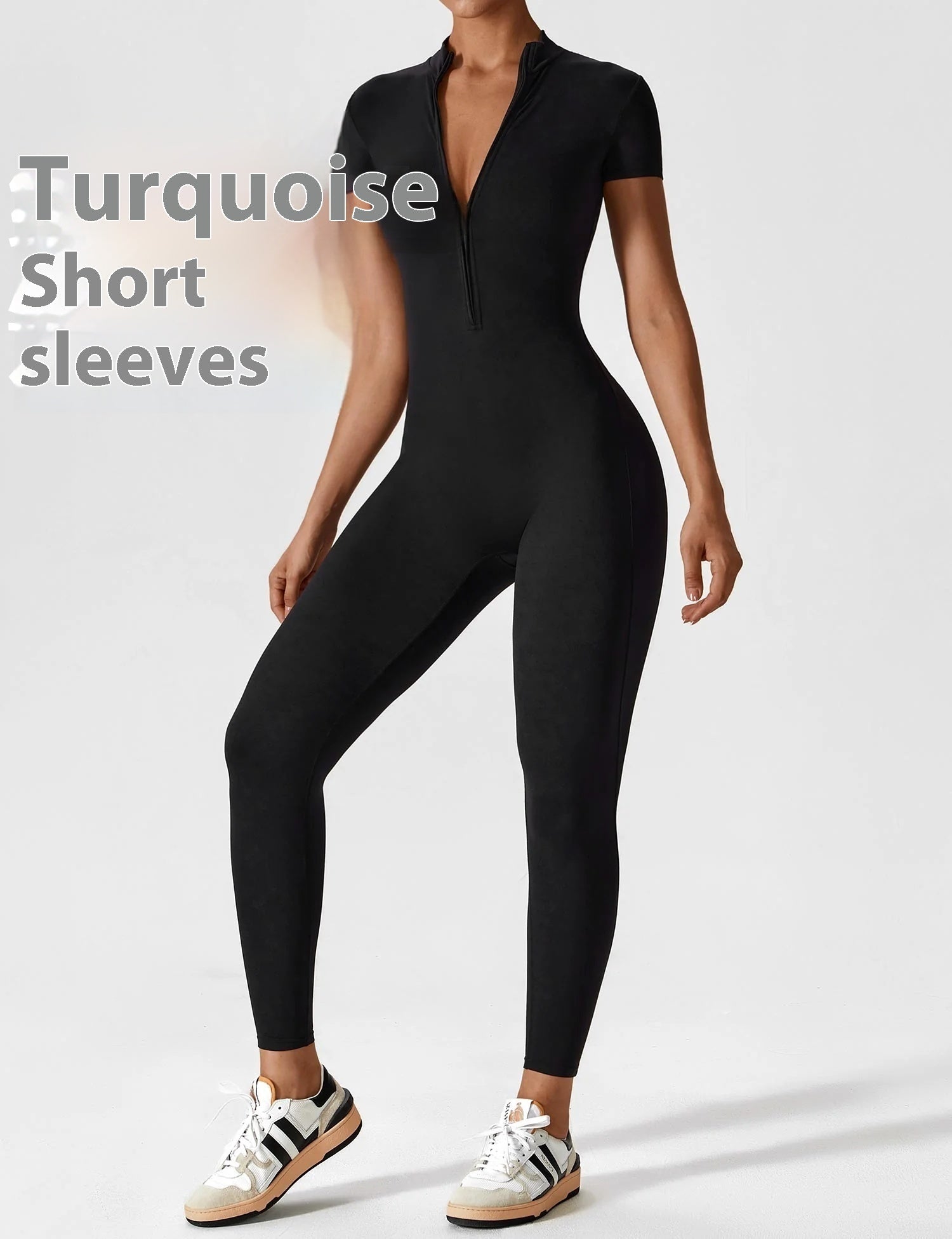 Seamless zip-up long-sleeve fitness jumpsuit for women.
