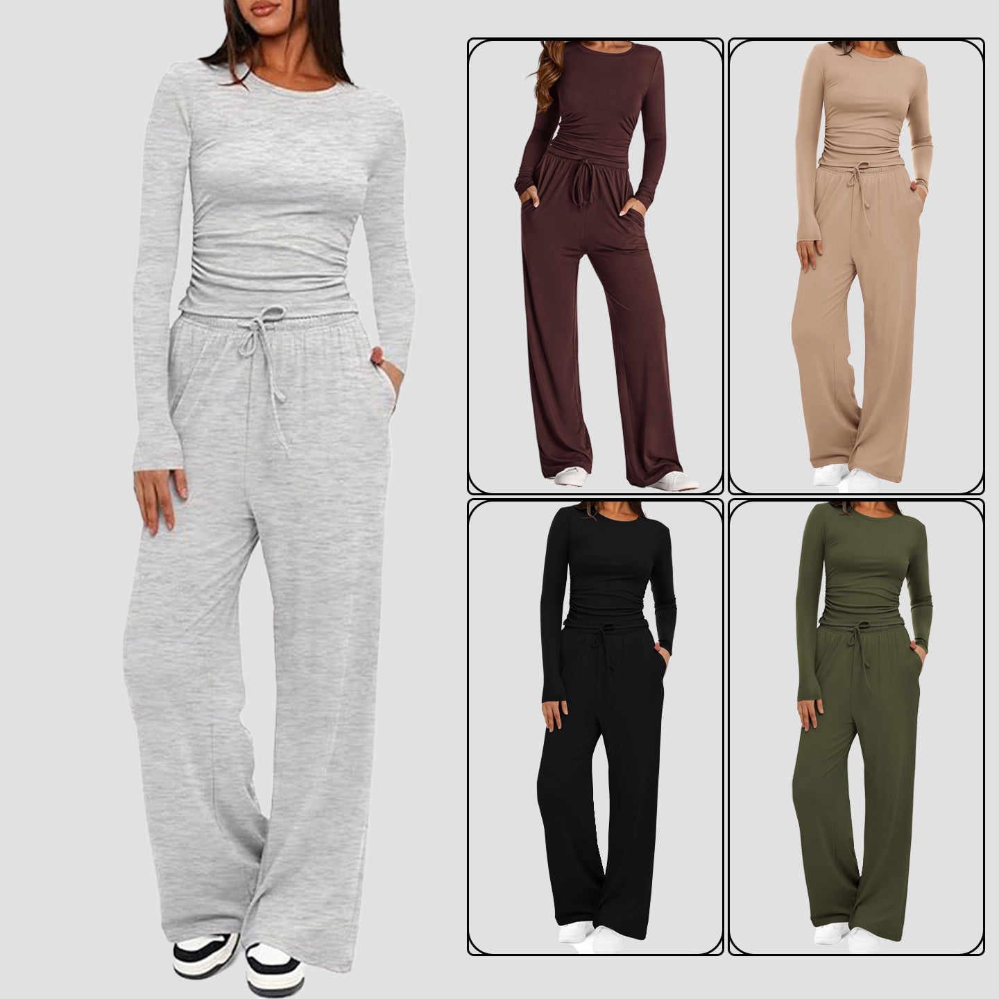 Piece women's autumn/winter set: long-sleeve top and high-waist wide-leg pants.