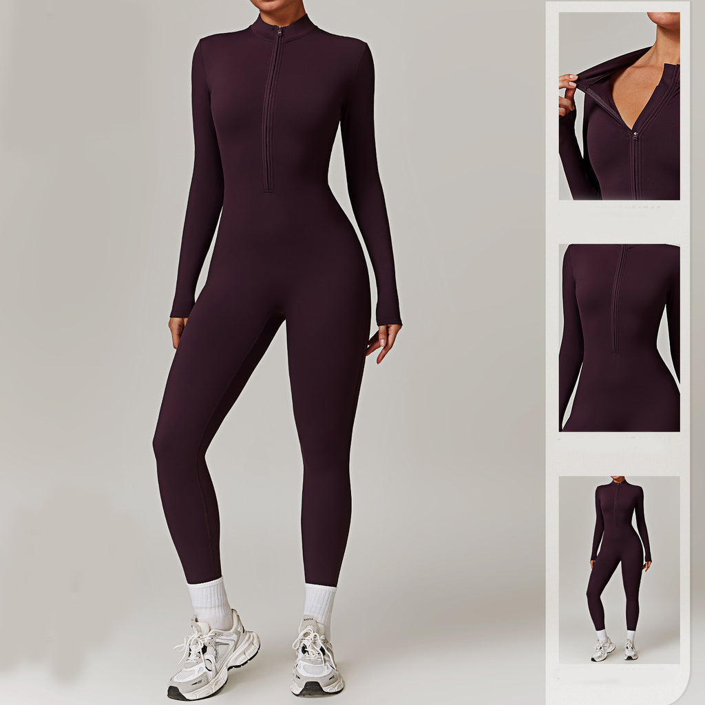 Warm zip-up long-sleeve yoga jumpsuit for women.