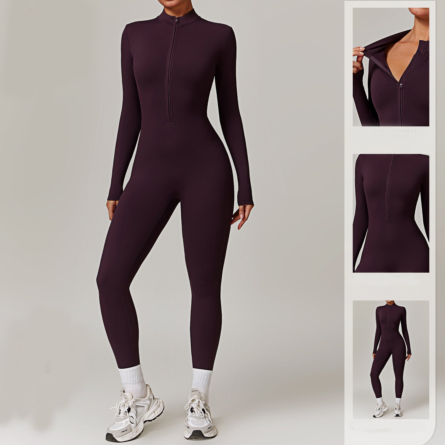 Warm zip-up long-sleeve yoga jumpsuit for women.