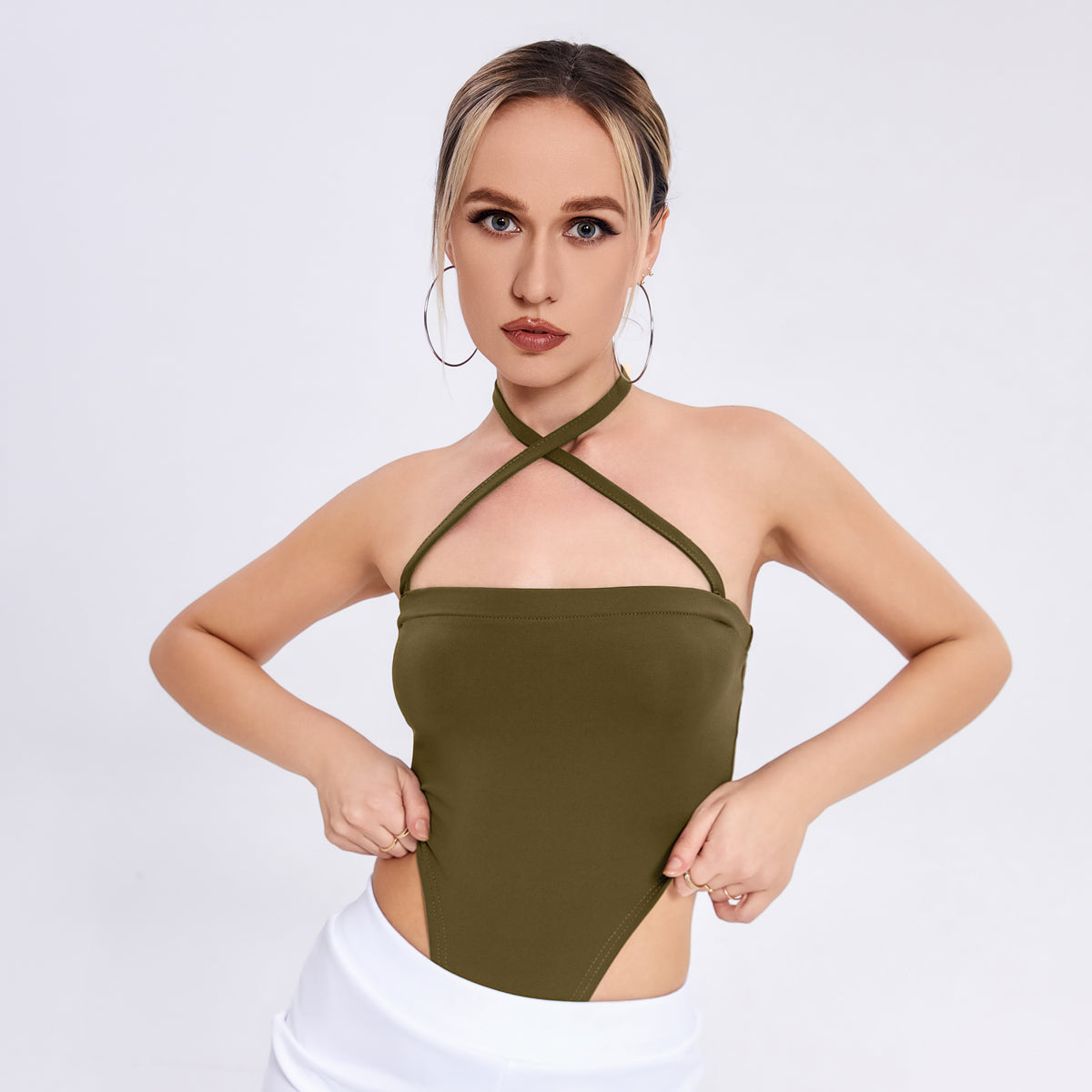 women’s one-shoulder halter neck bodysuit.