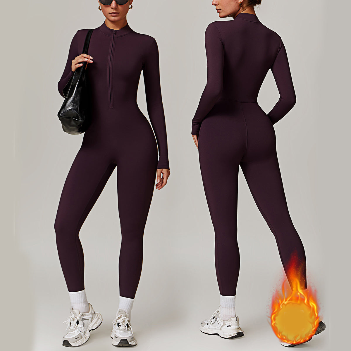 Warm zip-up long-sleeve yoga jumpsuit for women.