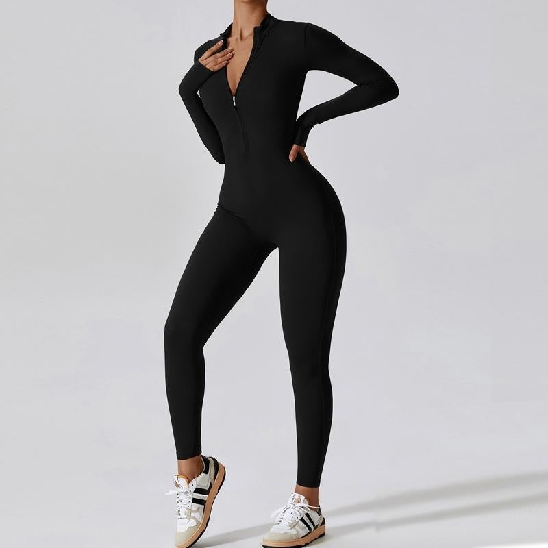 Seamless zip-up long-sleeve fitness jumpsuit for women.