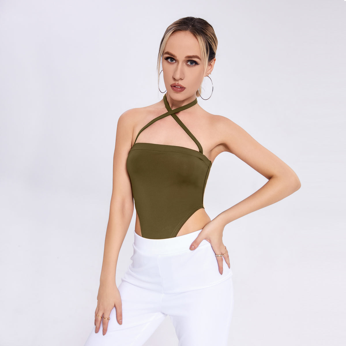 women’s one-shoulder halter neck bodysuit.