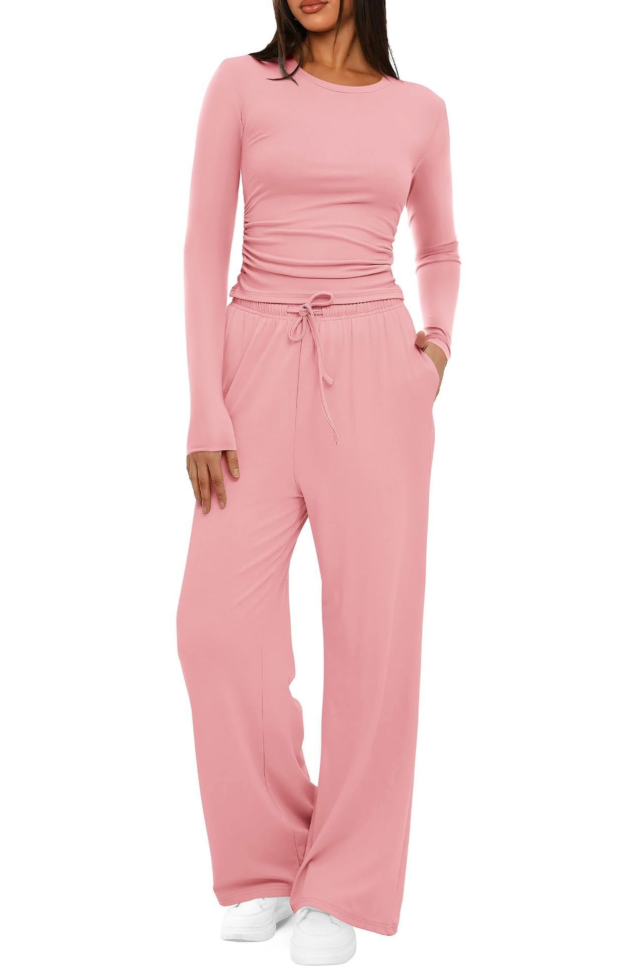 Piece women's autumn/winter set: long-sleeve top and high-waist wide-leg pants.