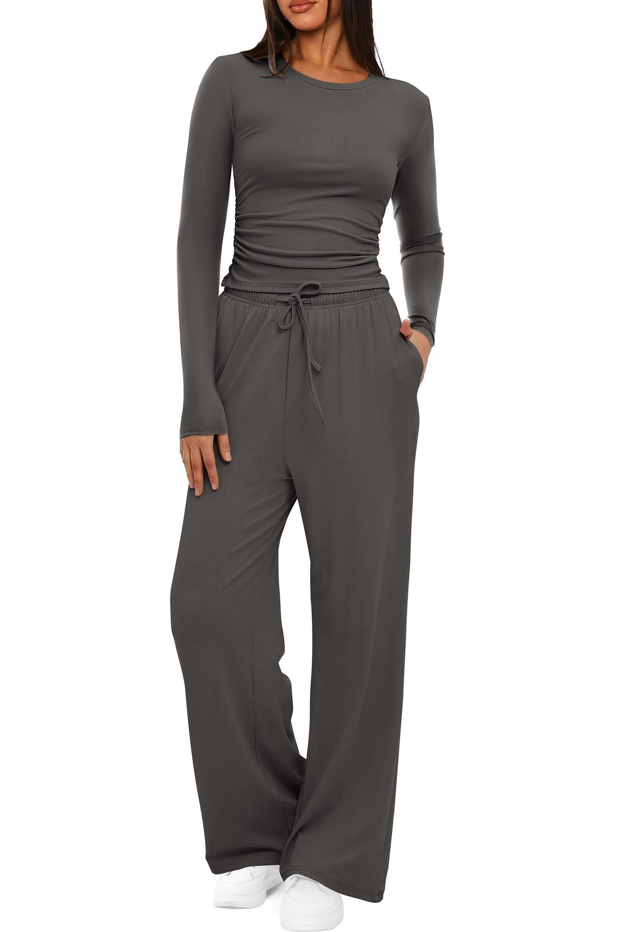 Piece women's autumn/winter set: long-sleeve top and high-waist wide-leg pants.