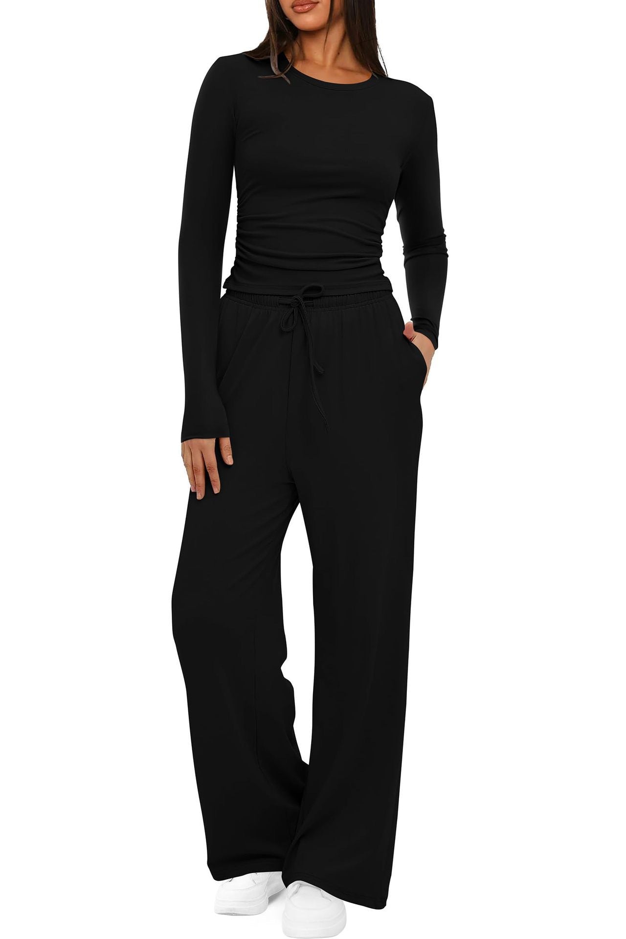 Piece women's autumn/winter set: long-sleeve top and high-waist wide-leg pants.