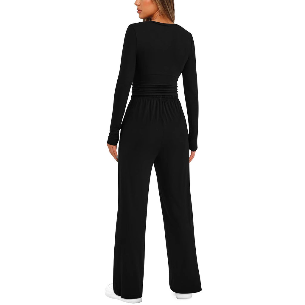 Piece women's autumn/winter set: long-sleeve top and high-waist wide-leg pants.