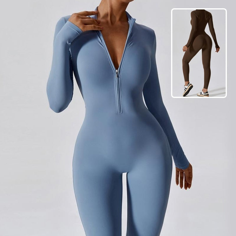 Seamless zip-up long-sleeve fitness jumpsuit for women.