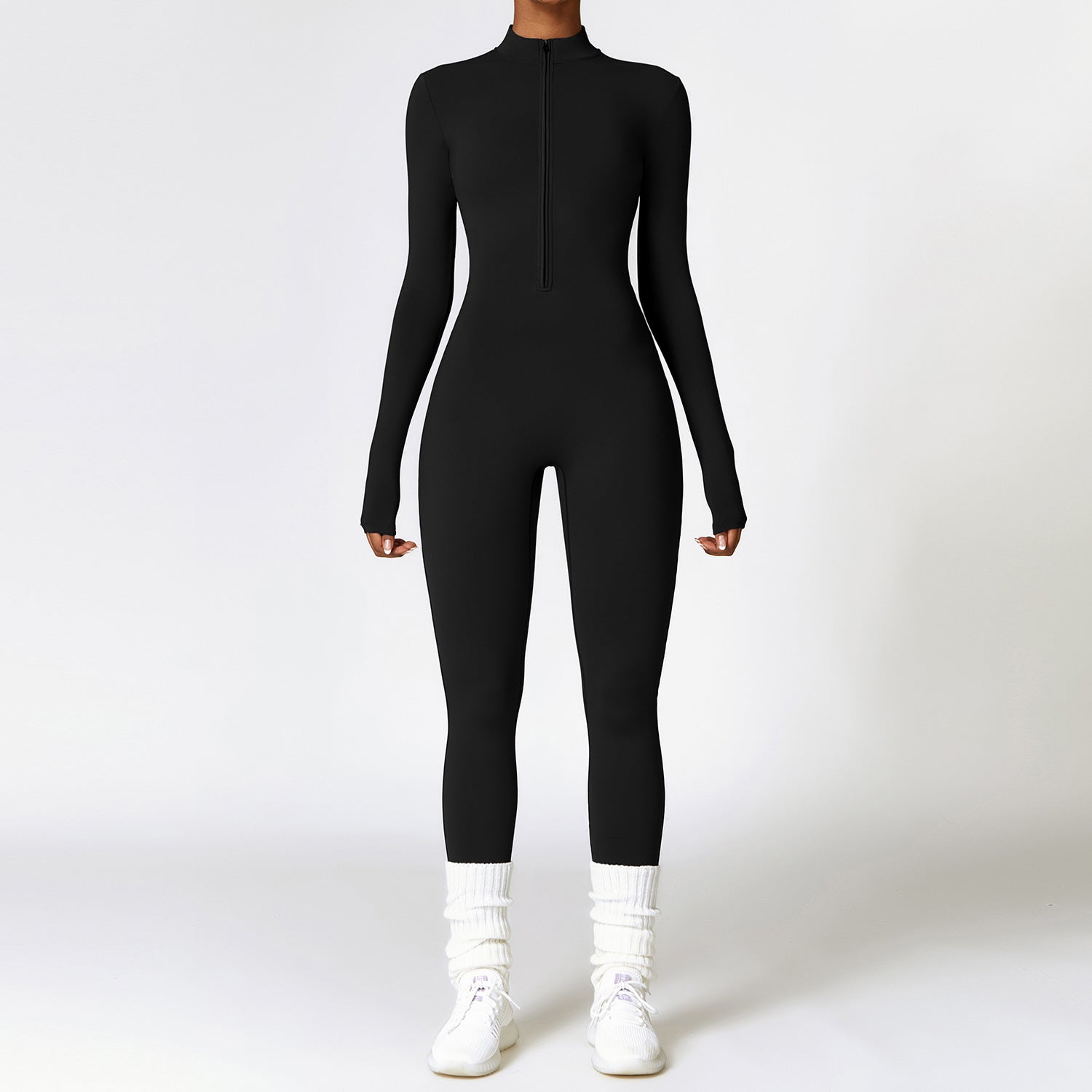 Warm zip-up long-sleeve yoga jumpsuit for women.