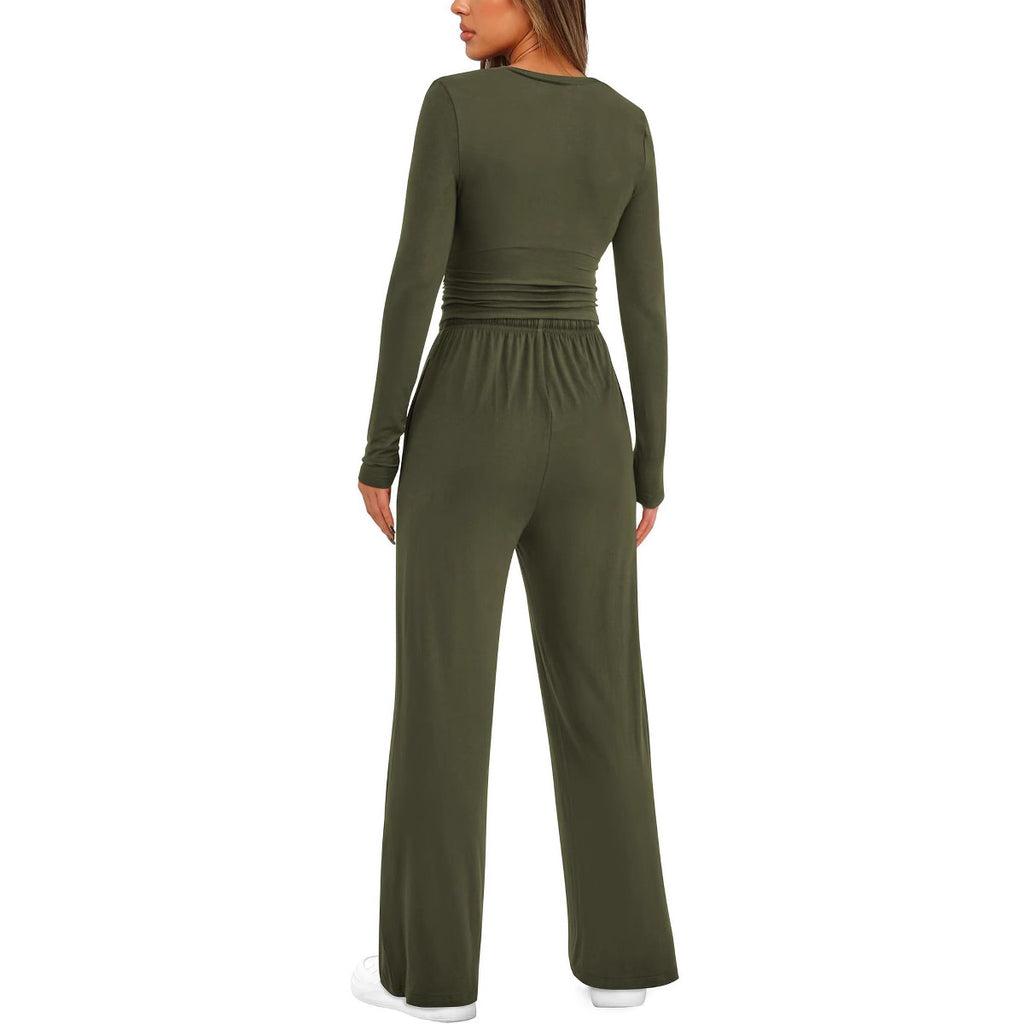 Piece women's autumn/winter set: long-sleeve top and high-waist wide-leg pants.