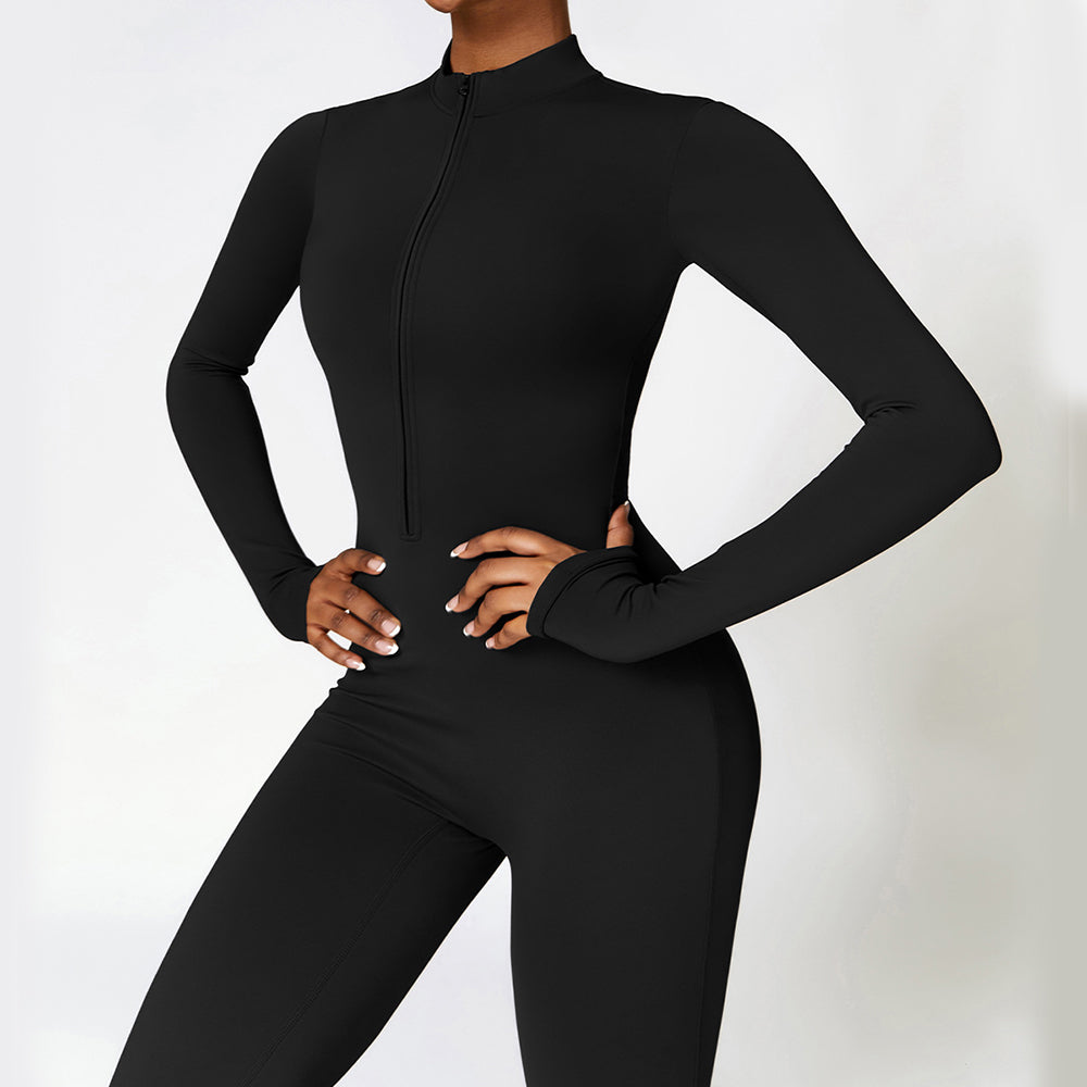 Warm zip-up long-sleeve yoga jumpsuit for women.