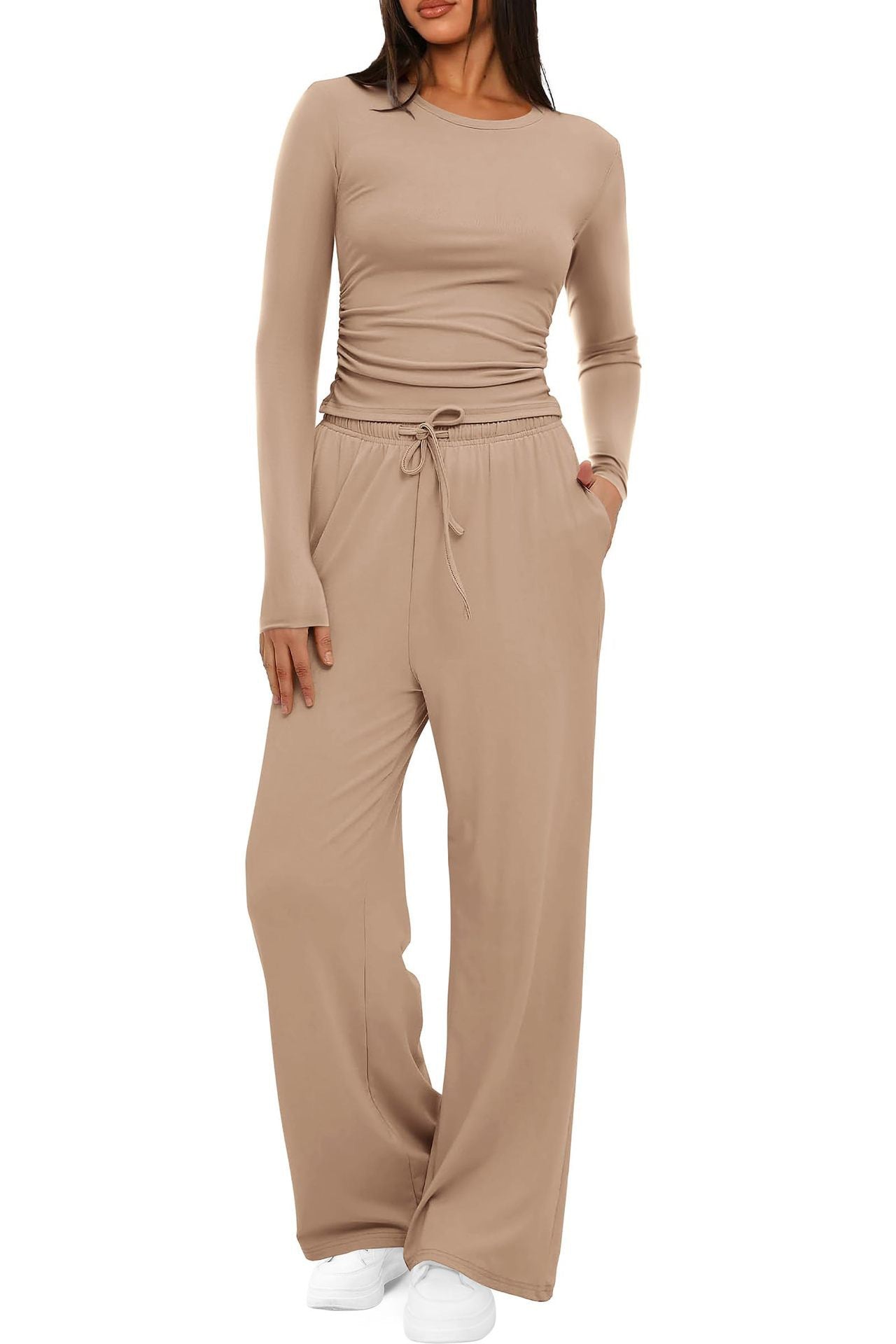 Piece women's autumn/winter set: long-sleeve top and high-waist wide-leg pants.