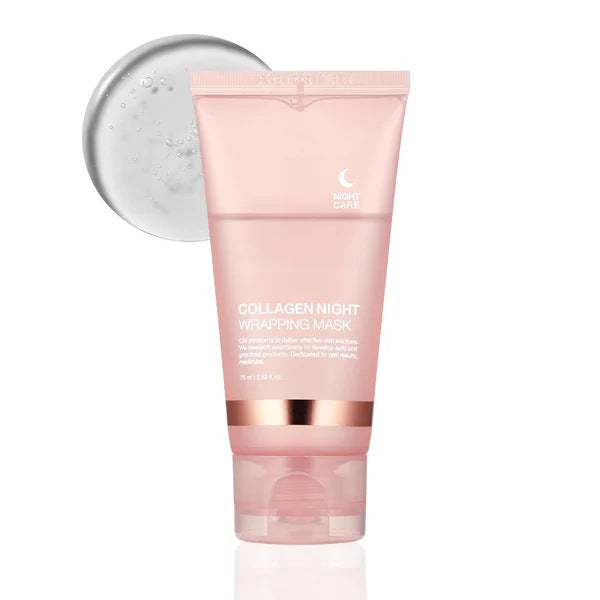 Collagen night mask for firming, hydration, and anti-wrinkle care.
