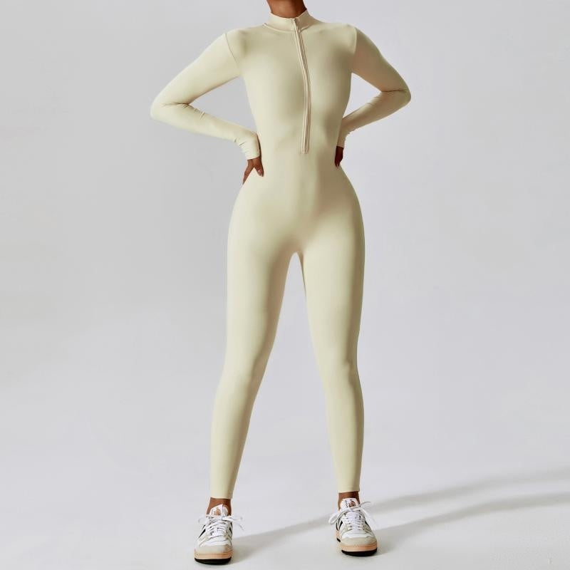 Seamless zip-up long-sleeve fitness jumpsuit for women.
