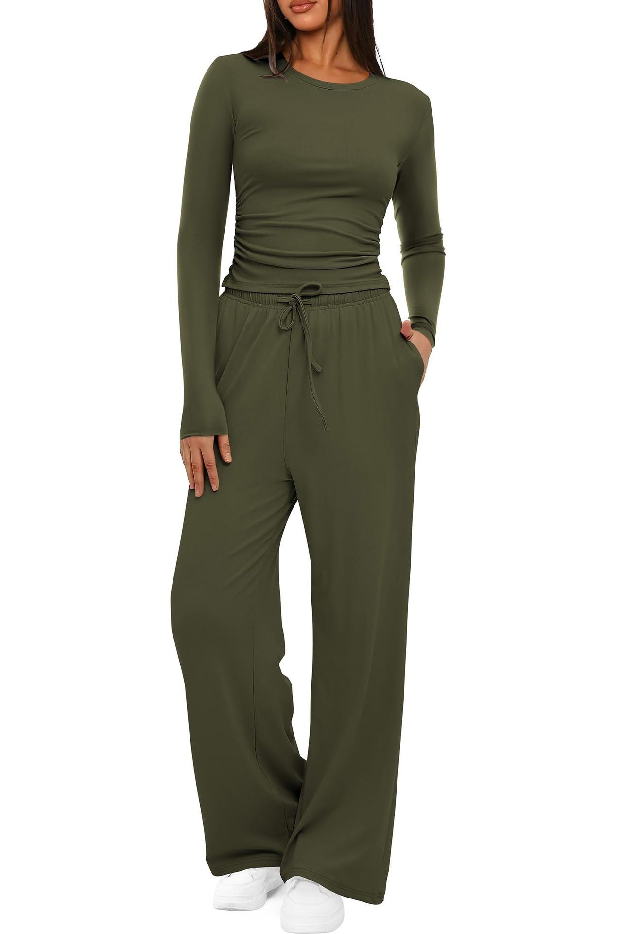 Piece women's autumn/winter set: long-sleeve top and high-waist wide-leg pants.