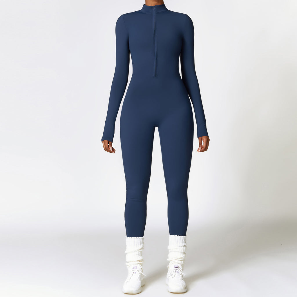 Warm zip-up long-sleeve yoga jumpsuit for women.