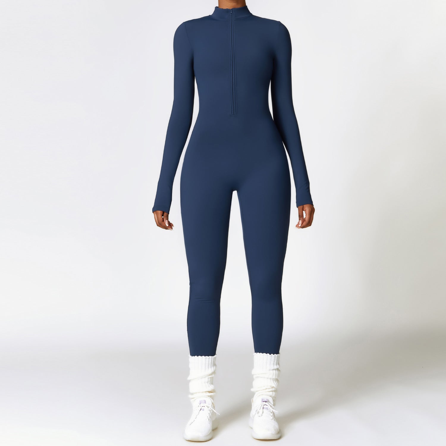 Warm zip-up long-sleeve yoga jumpsuit for women.