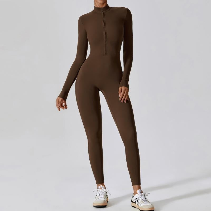 Seamless zip-up long-sleeve fitness jumpsuit for women.