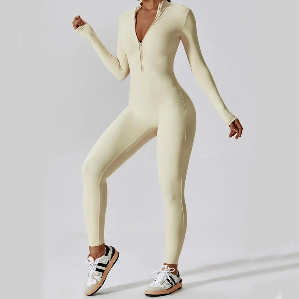 Seamless zip-up long-sleeve fitness jumpsuit for women.