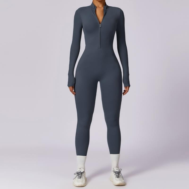 Seamless zip-up long-sleeve fitness jumpsuit for women.