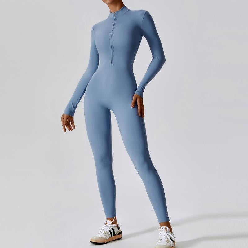 Seamless zip-up long-sleeve fitness jumpsuit for women.