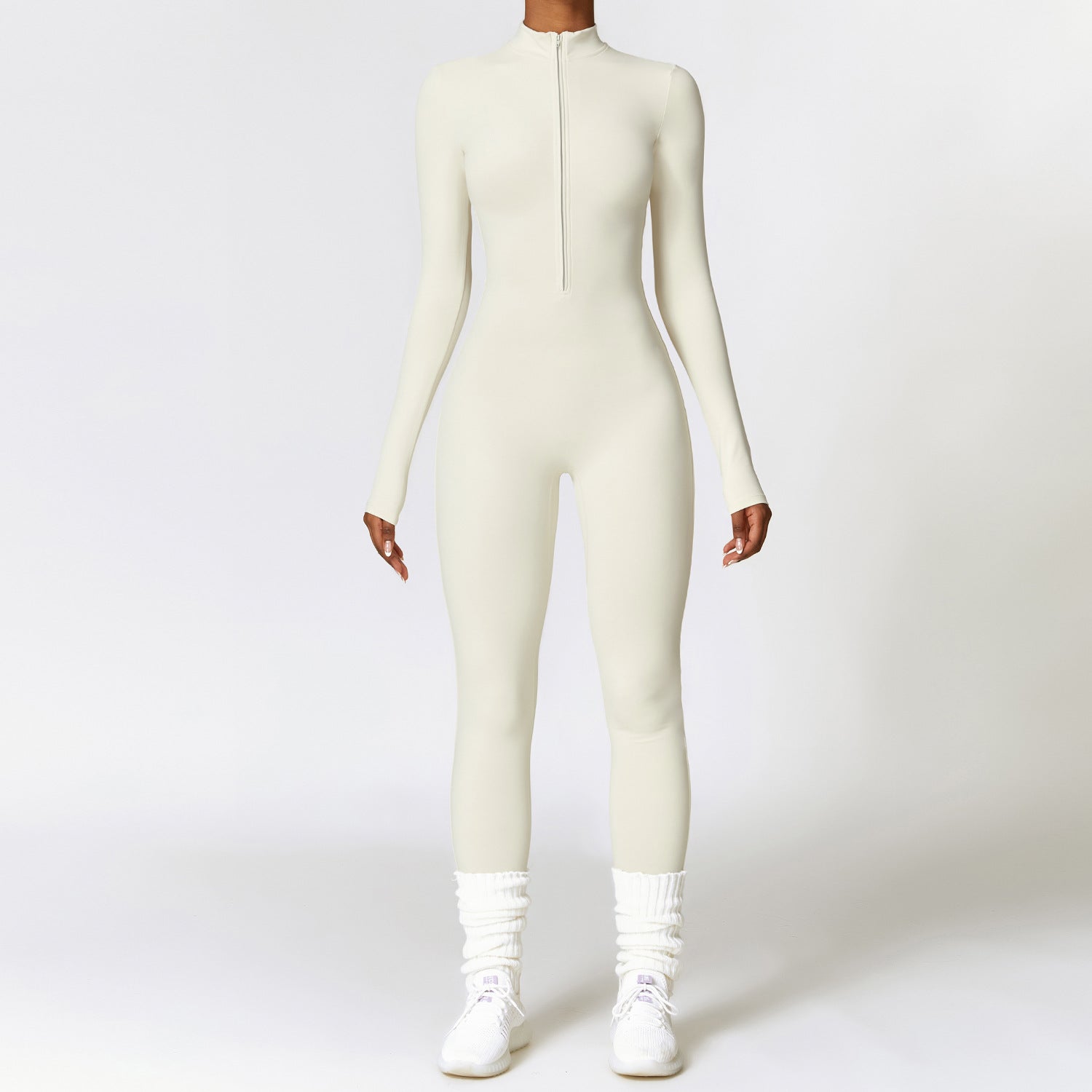 Warm zip-up long-sleeve yoga jumpsuit for women.