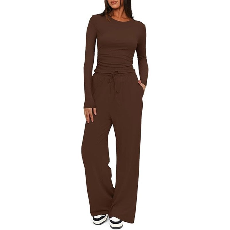 Piece women's autumn/winter set: long-sleeve top and high-waist wide-leg pants.