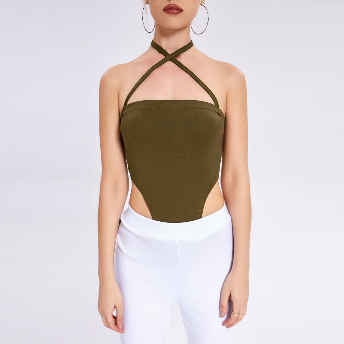 women’s one-shoulder halter neck bodysuit.